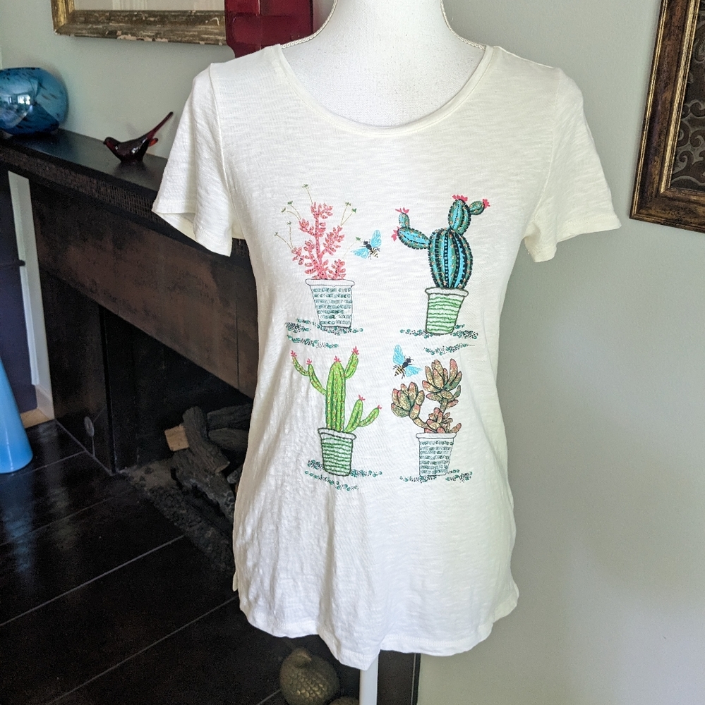 Talbot's Wms XS Succulent Cactus Tshirt Cotton Semi-sheer Beaded Detail FLAW 112